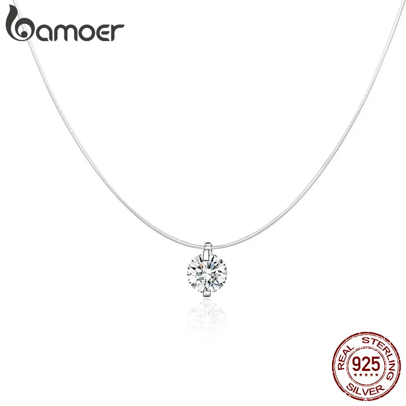 BAMOER Invisible Chain Rhinestone Choker - 925 Silver Minimalist Necklace