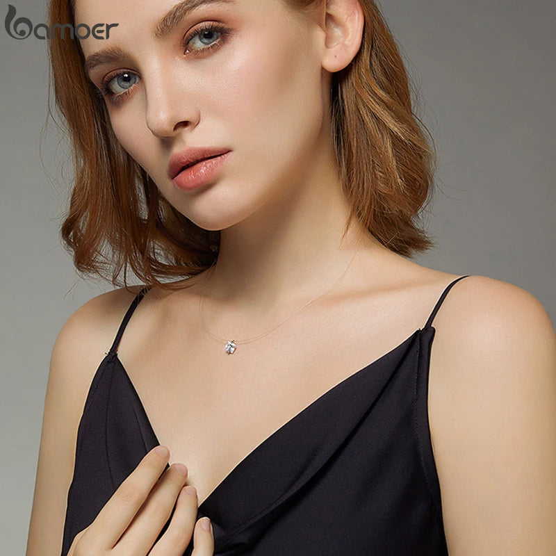 BAMOER Invisible Chain Rhinestone Choker - 925 Silver Minimalist Necklace