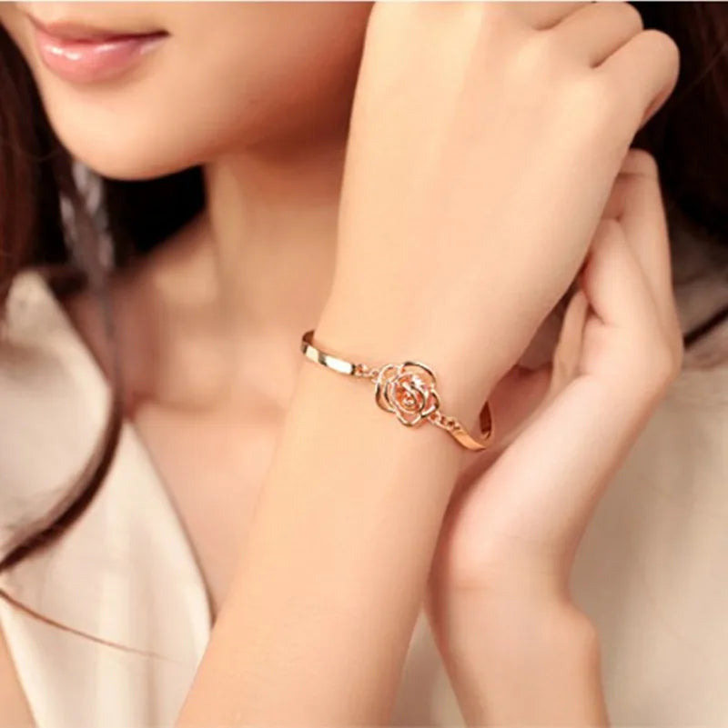 Gold-tone Rose Flower Cuff Bracelet