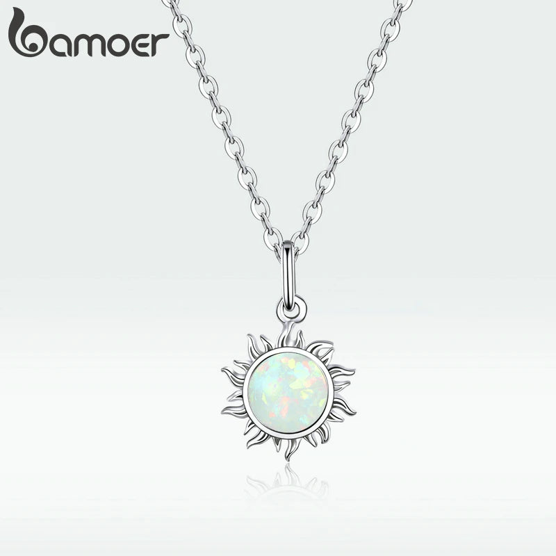 BAMOER 925 Sterling Silver White Opal Sun Necklace - Apollo Pendant