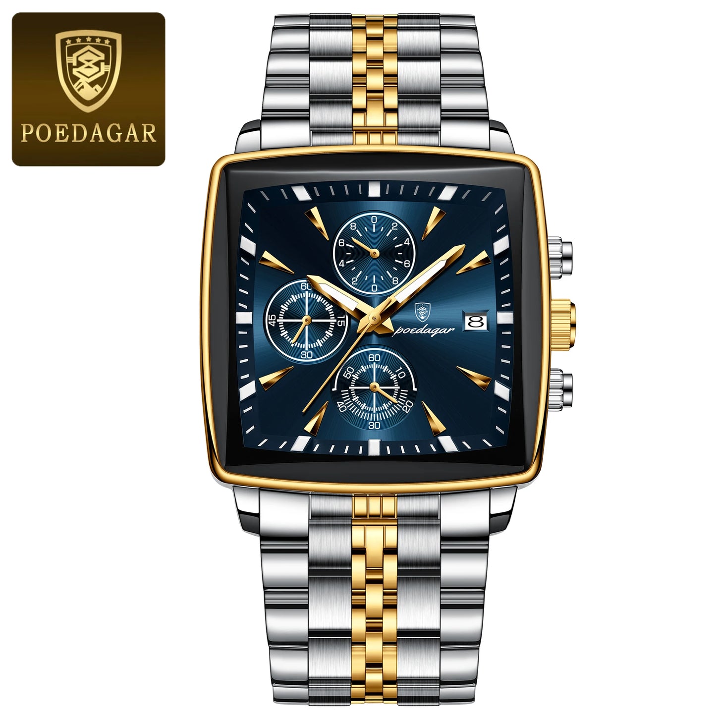 POEDAGAR Square Chronograph Men's Watch - Luminous Waterproof Quartz