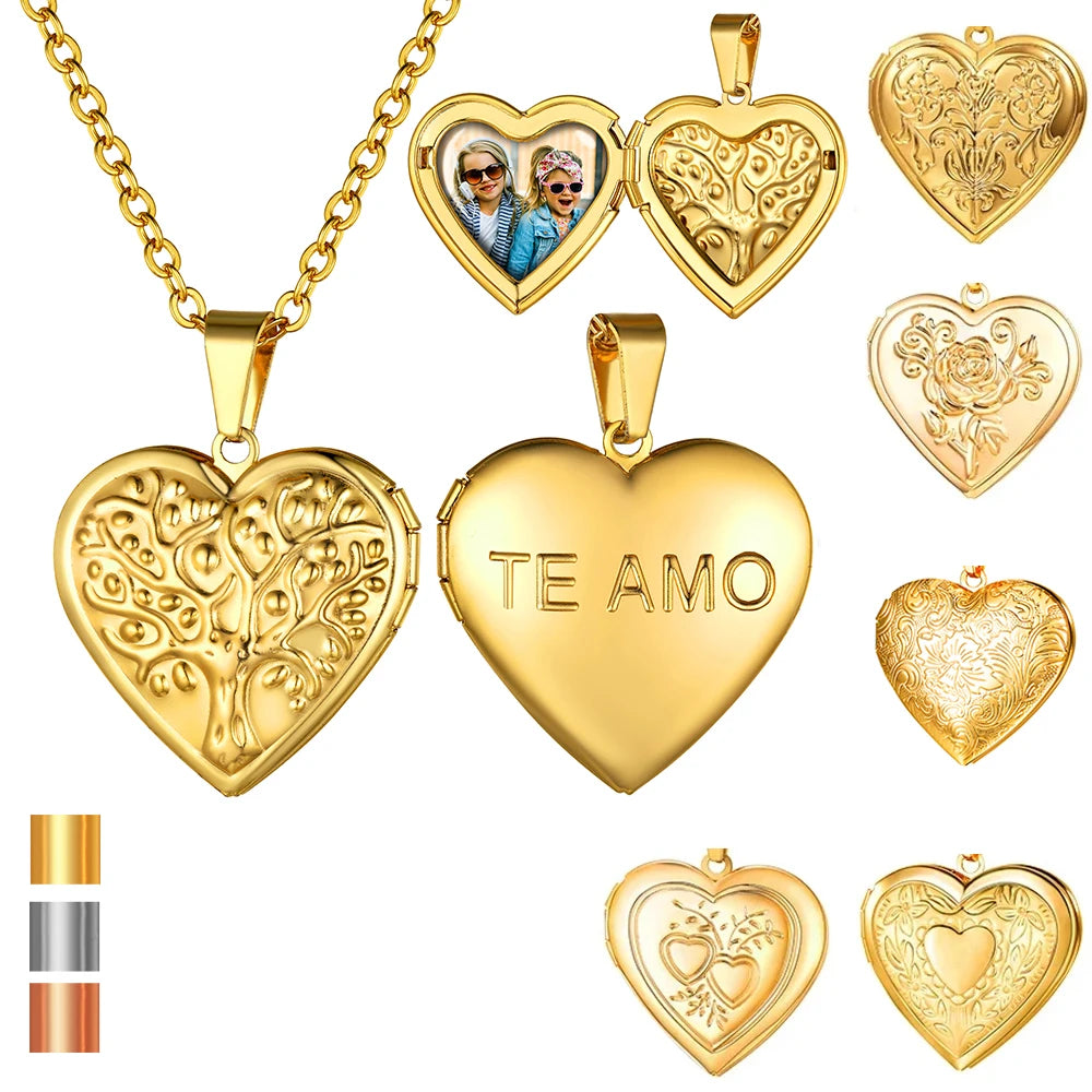 Custom Photo Heart Locket Necklace - Rose Embossed Memorial Jewelry