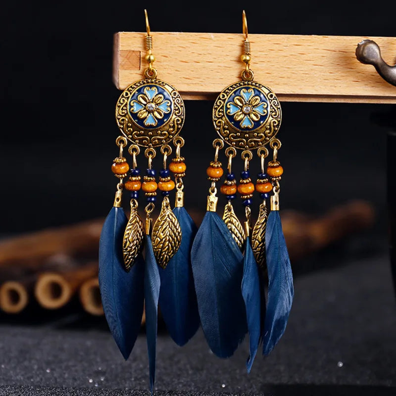 Vintage Boho Leaf Feather Tassel Earrings