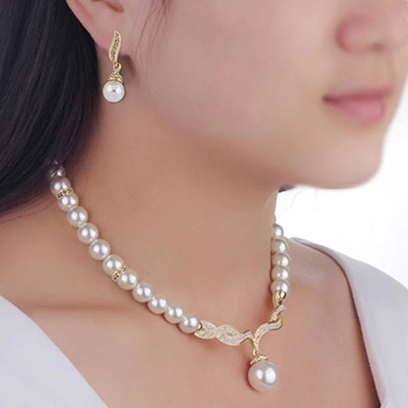 Bridal Pearl Necklace & Earrings Set - Gold Tone Wedding Jewelry