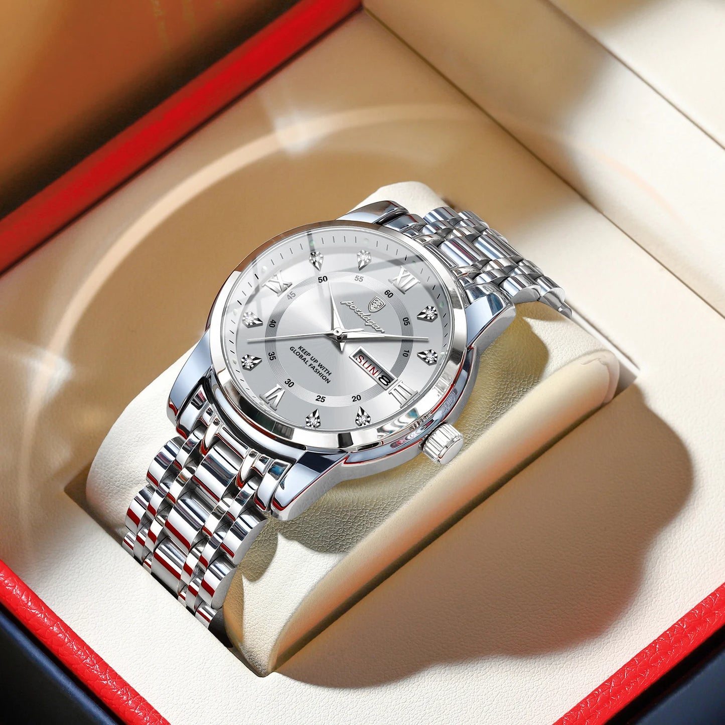 POEDAGAR Luminous Quartz Men's Watch - Date Week Stainless Steel