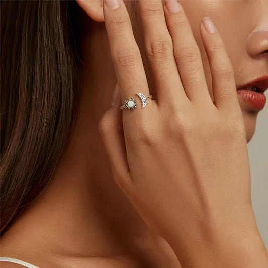 BAMOER Sun & Moon Opal Open Ring - 925 Sterling Silver