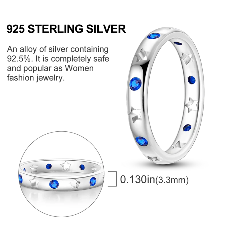 Blue Zircon Star & Moon Ring - 925 Sterling Silver Design