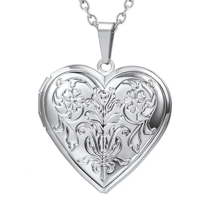 Custom Photo Heart Locket Necklace - Rose Embossed Memorial Jewelry