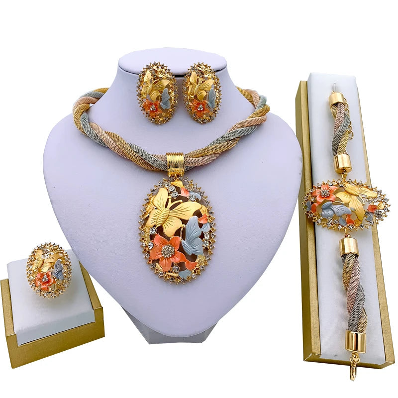 Dubai Gold Floral Jewelry Set - Necklace, Earrings, Bracelet & Ring