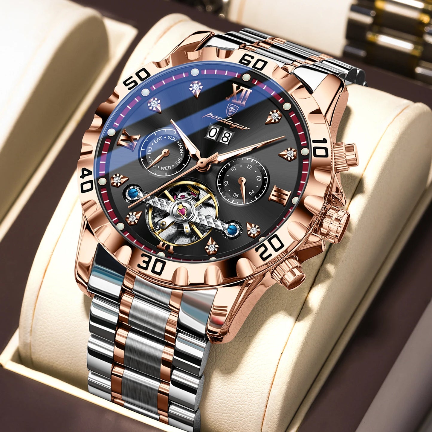POEDAGAR Automatic Hollow Dial Men's Watch - Date Week Mechanical