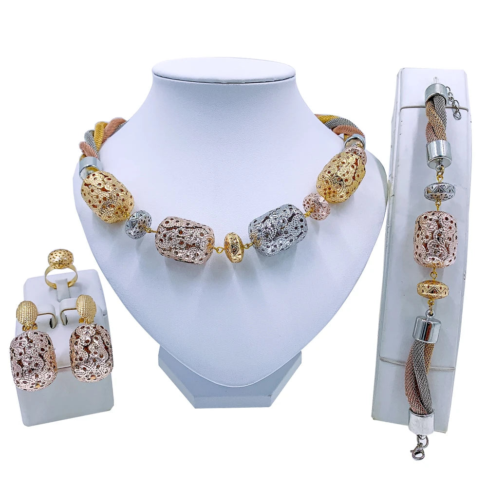 Dubai Gold Floral Jewelry Set - Necklace, Earrings, Bracelet & Ring