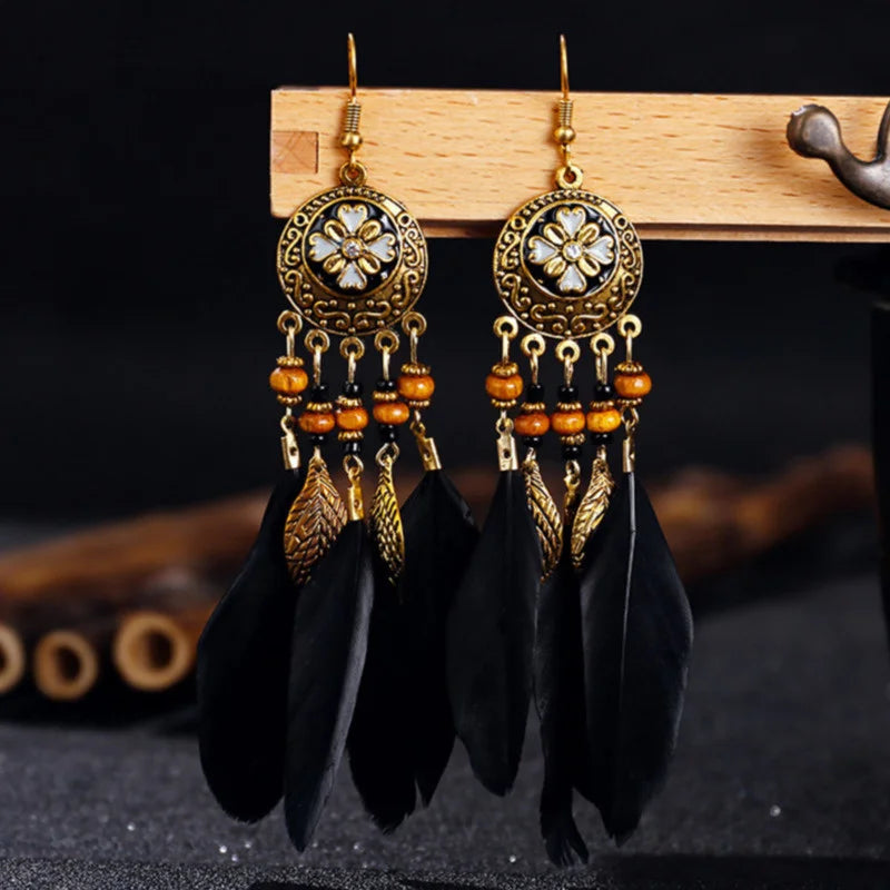 Vintage Boho Leaf Feather Tassel Earrings