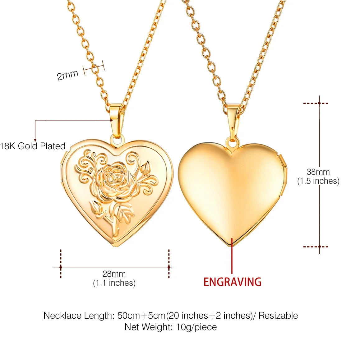 Custom Photo Heart Locket Necklace - Rose Embossed Memorial Jewelry