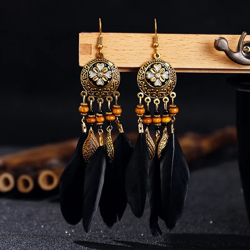 Vintage Boho Leaf Feather Tassel Earrings