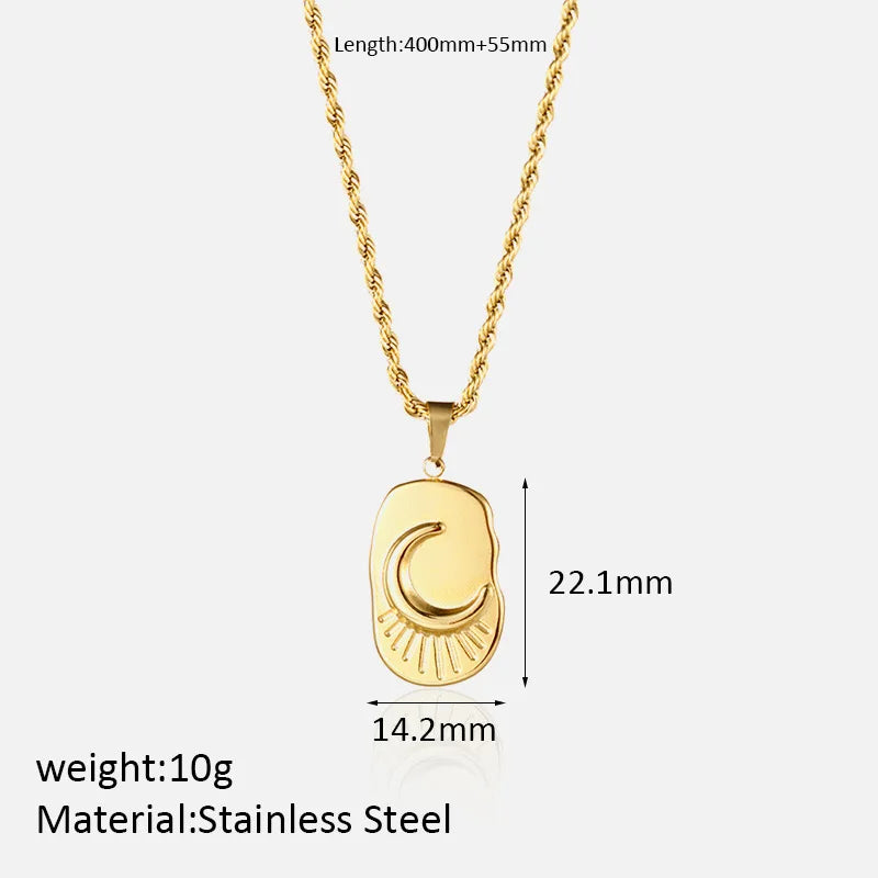 French Vintage Star & Moon Pendant Necklace - 316L Stainless Steel Chain