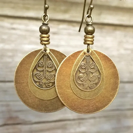 Bronze-tone Round Carved Boho Earrings