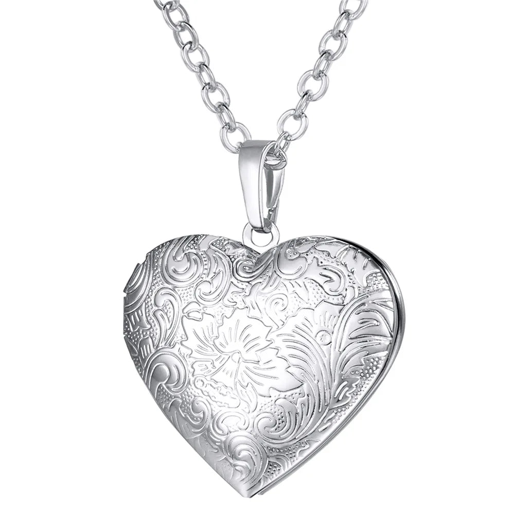 Custom Photo Heart Locket Necklace - Rose Embossed Memorial Jewelry