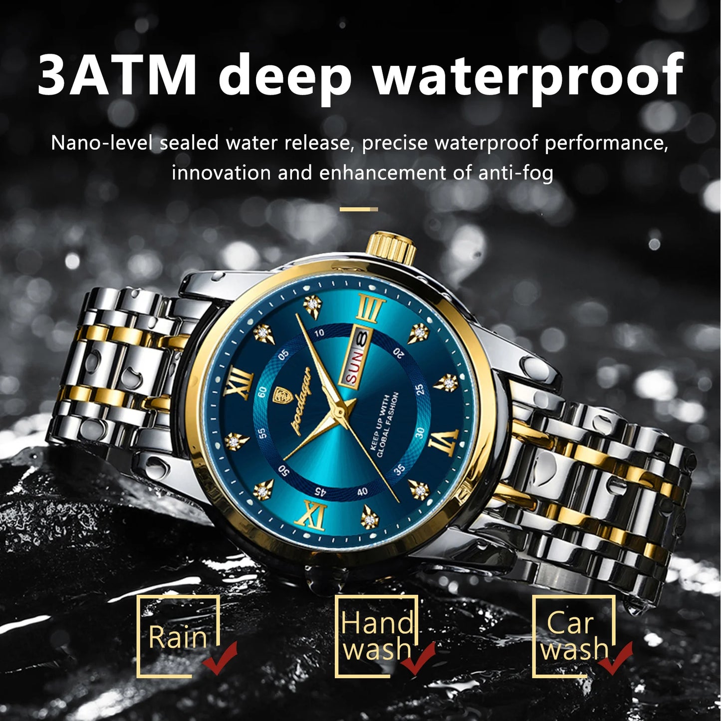 POEDAGAR Luminous Quartz Men's Watch - Date Week Stainless Steel