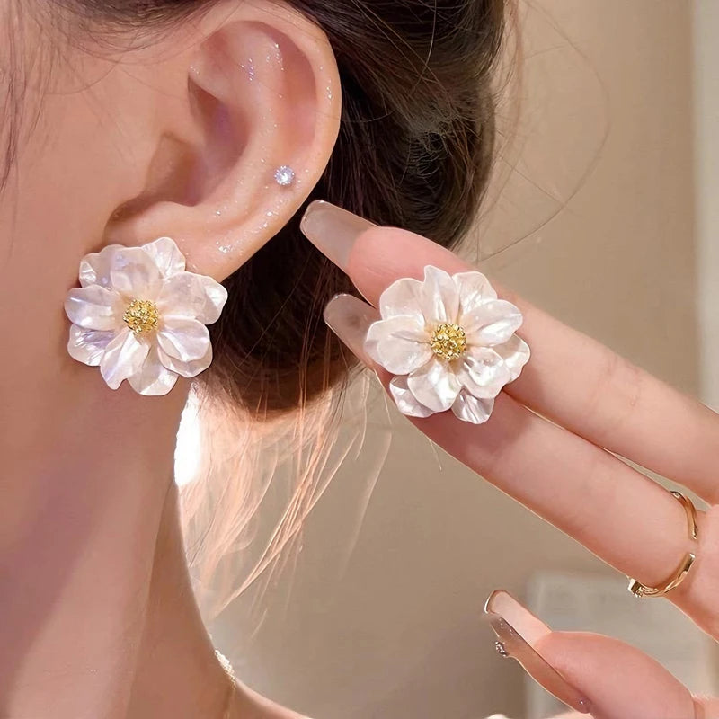 White Camellia Flower Stud Earrings
