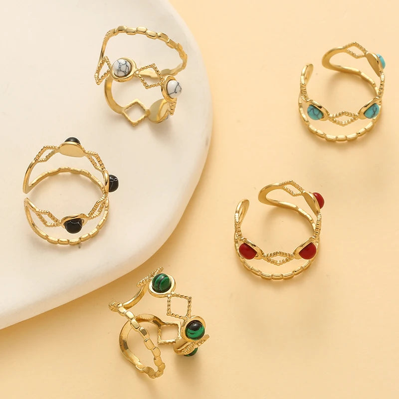 Stainless Steel Natural Stone Open Ring