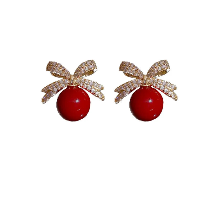 Rhinestone Bow Pearl Stud Earrings