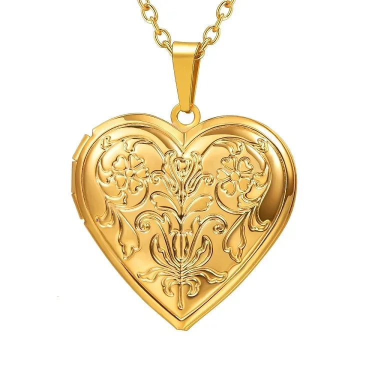 Custom Photo Heart Locket Necklace - Rose Embossed Memorial Jewelry