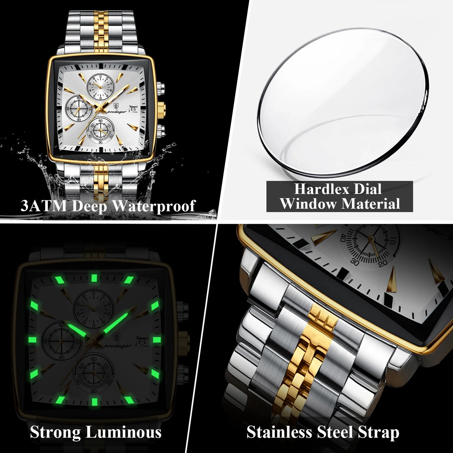 POEDAGAR Square Chronograph Men's Watch - Luminous Waterproof Quartz