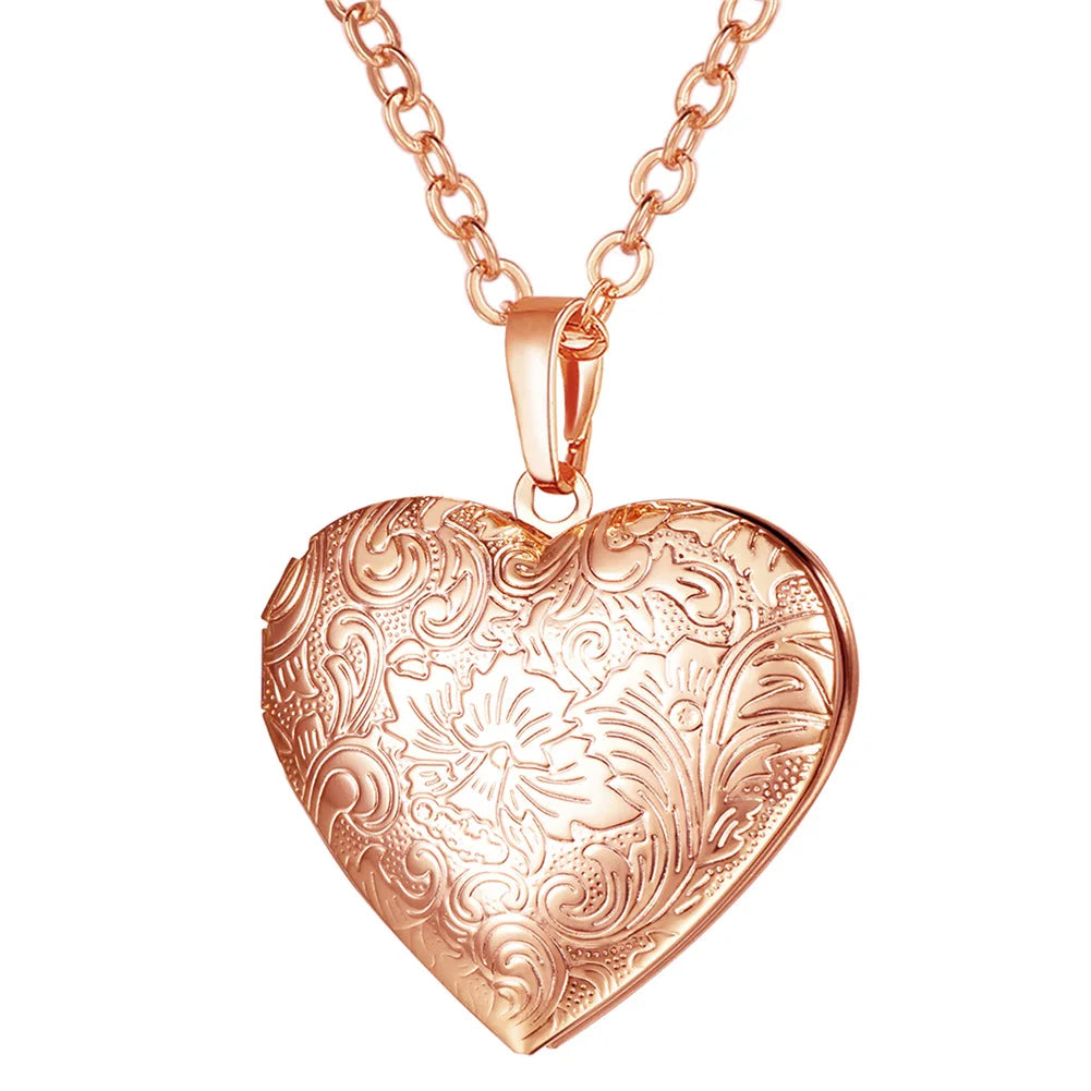 Custom Photo Heart Locket Necklace - Rose Embossed Memorial Jewelry