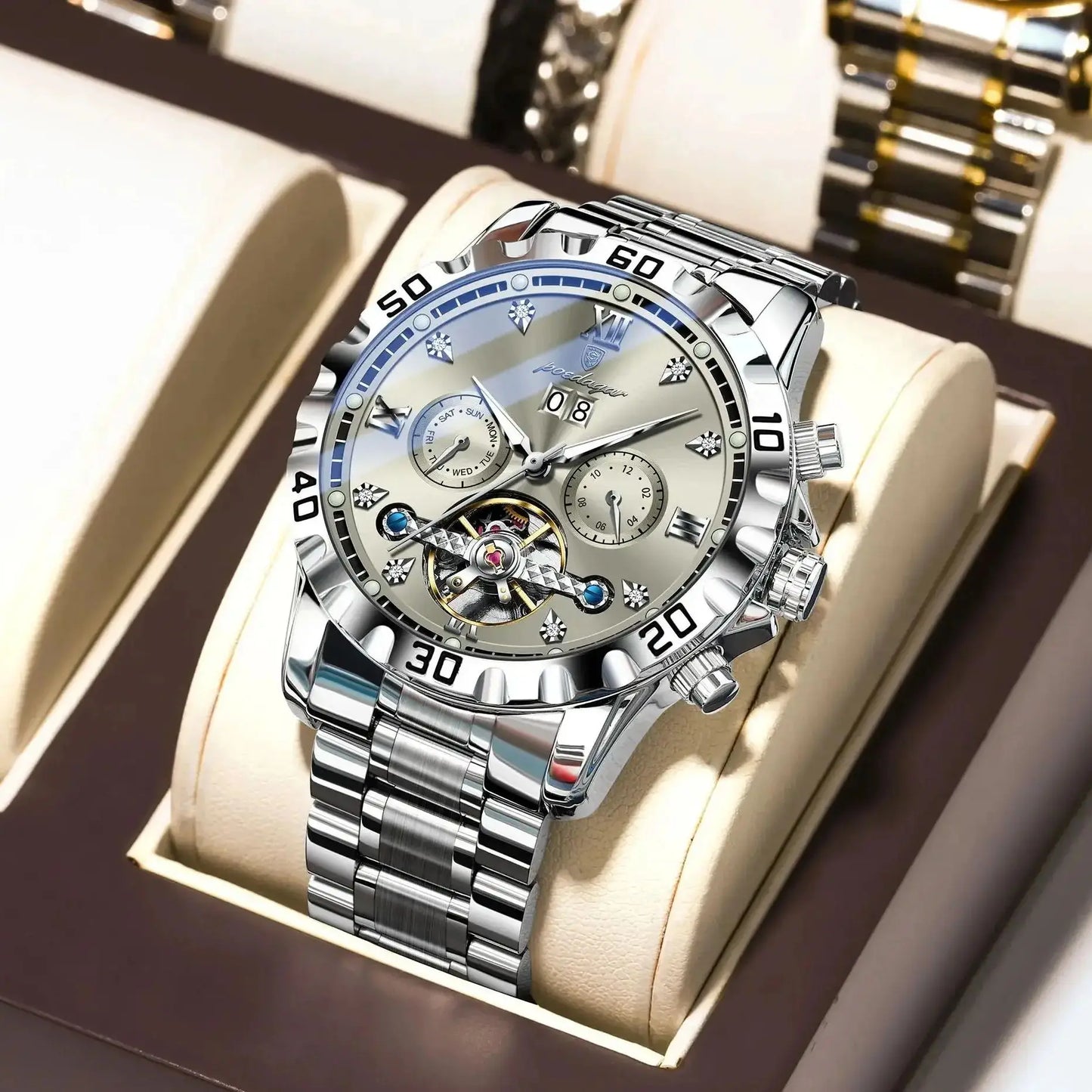 POEDAGAR Automatic Hollow Dial Men's Watch - Date Week Mechanical