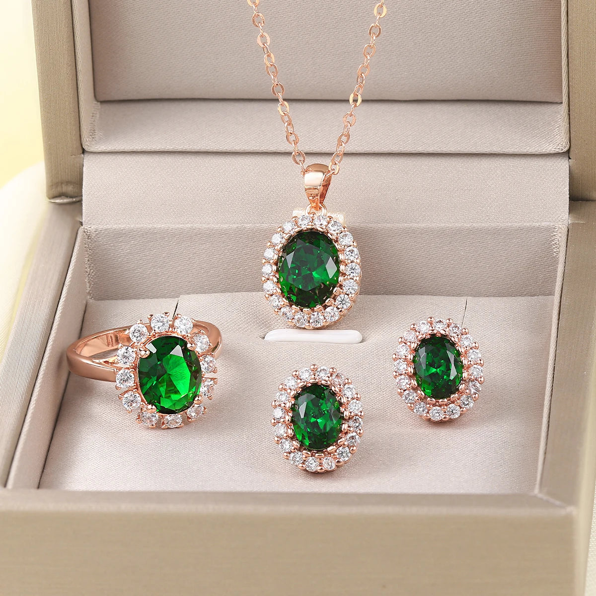 Rose Gold Green Crystal Pendant Necklace - Elegant Occasion Jewelry