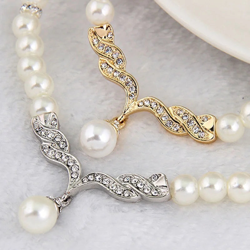 Bridal Pearl Necklace & Earrings Set - Gold Tone Wedding Jewelry