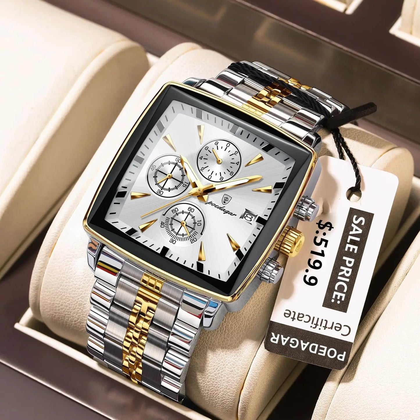 POEDAGAR Square Chronograph Men's Watch - Luminous Waterproof Quartz