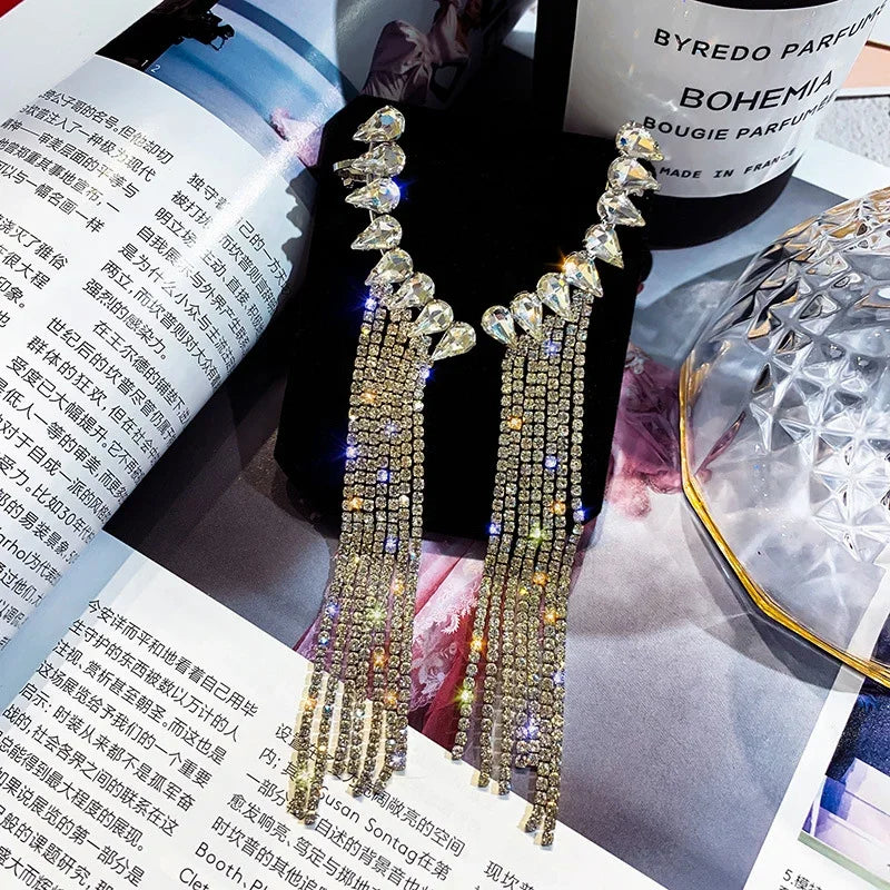 Rhinestone Water Drop Tassel Earrings