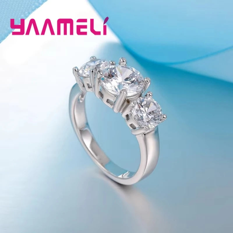 3-CZ Prong Setting Band Ring - Silver Tone Wedding Band