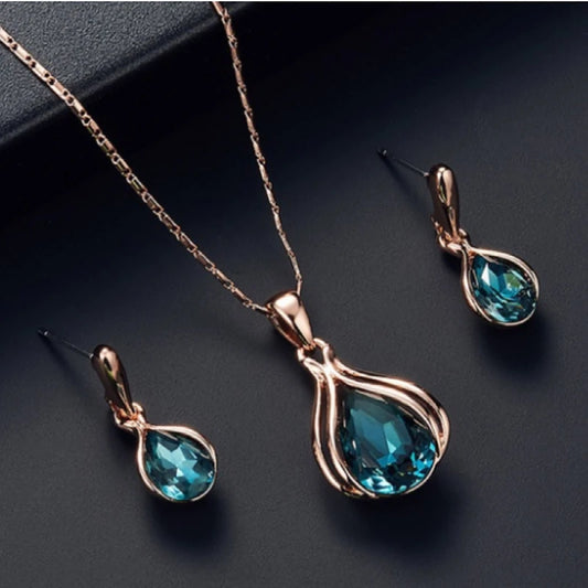 Blue Green Water Drop Jewelry Set - Geometric Necklace & Earrings