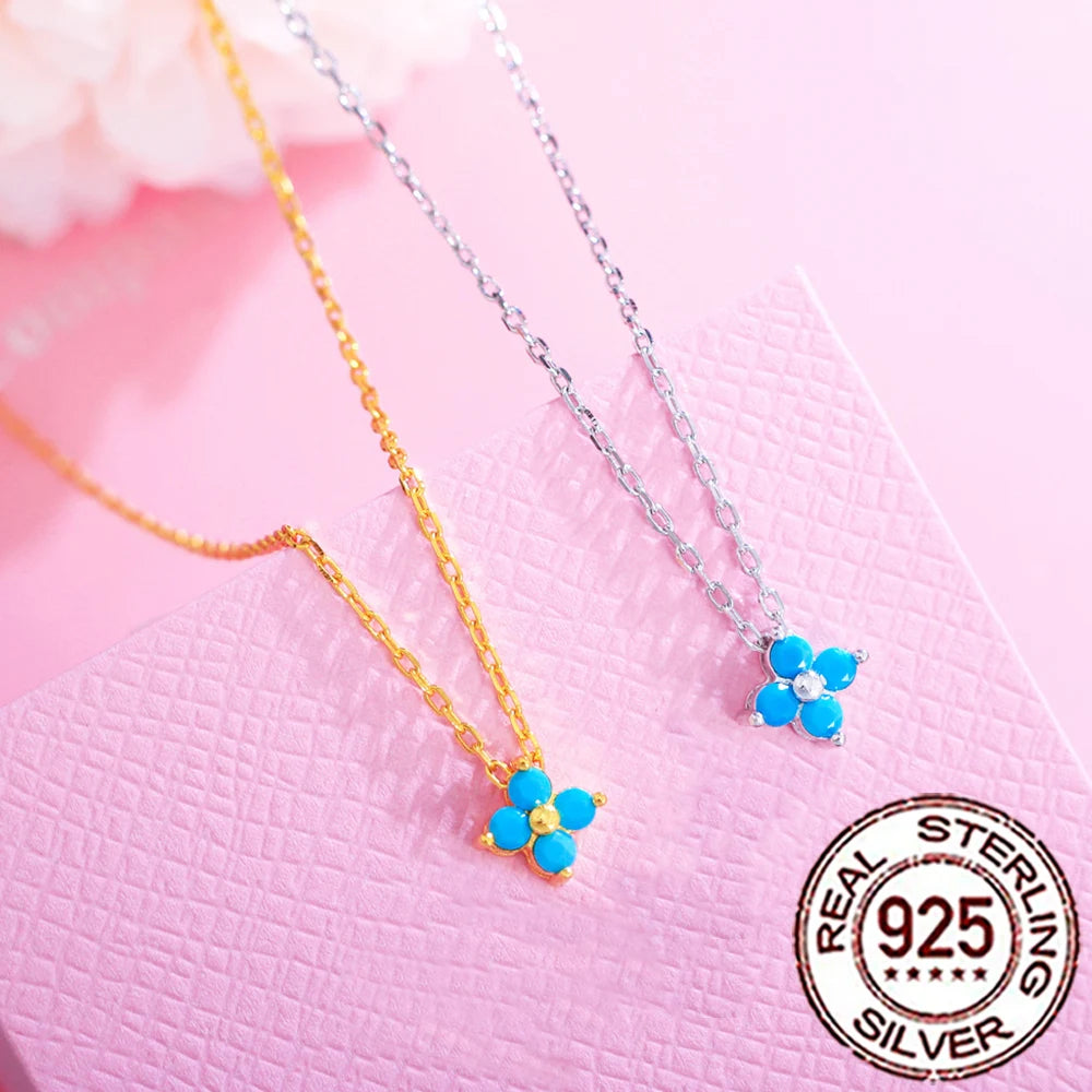 925 Sterling Silver Four Leaf Flower Necklace - Blue Turquoise Accent