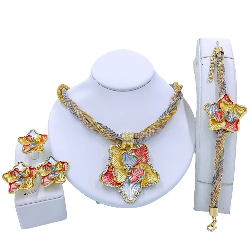 Dubai Gold Floral Jewelry Set - Necklace, Earrings, Bracelet & Ring