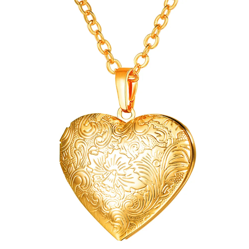 Custom Photo Heart Locket Necklace - Rose Embossed Memorial Jewelry