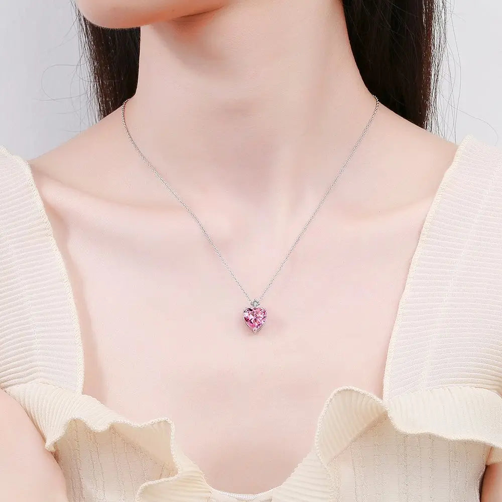 925 Sterling Silver Pink Heart Necklace - Luxury Zircon Pendant
