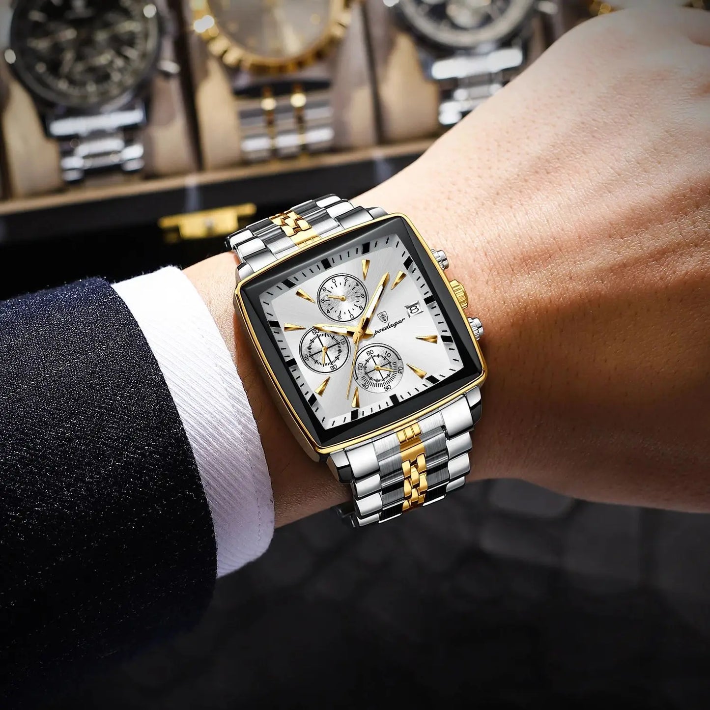 POEDAGAR Square Chronograph Men's Watch - Luminous Waterproof Quartz