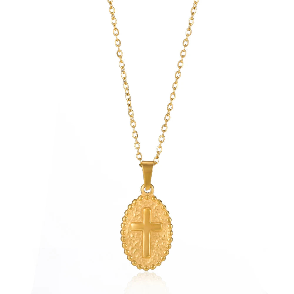 Vintage Jesus Cross Coin Necklace - Stainless Steel Prayer Pendant