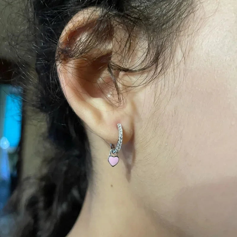 Enamel Heart Charm Hoop Earrings