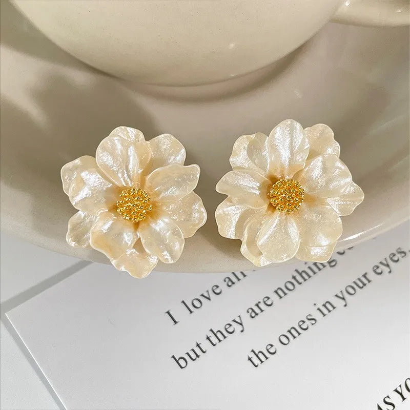 White Camellia Flower Stud Earrings