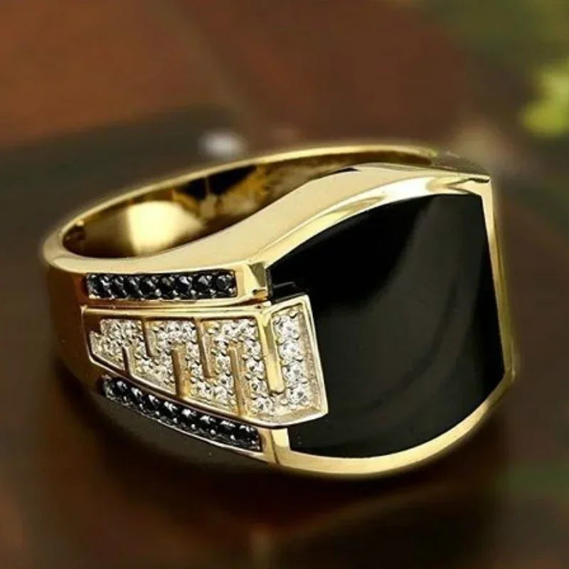 Gold Tone Black Stone Zircon Ring for Men