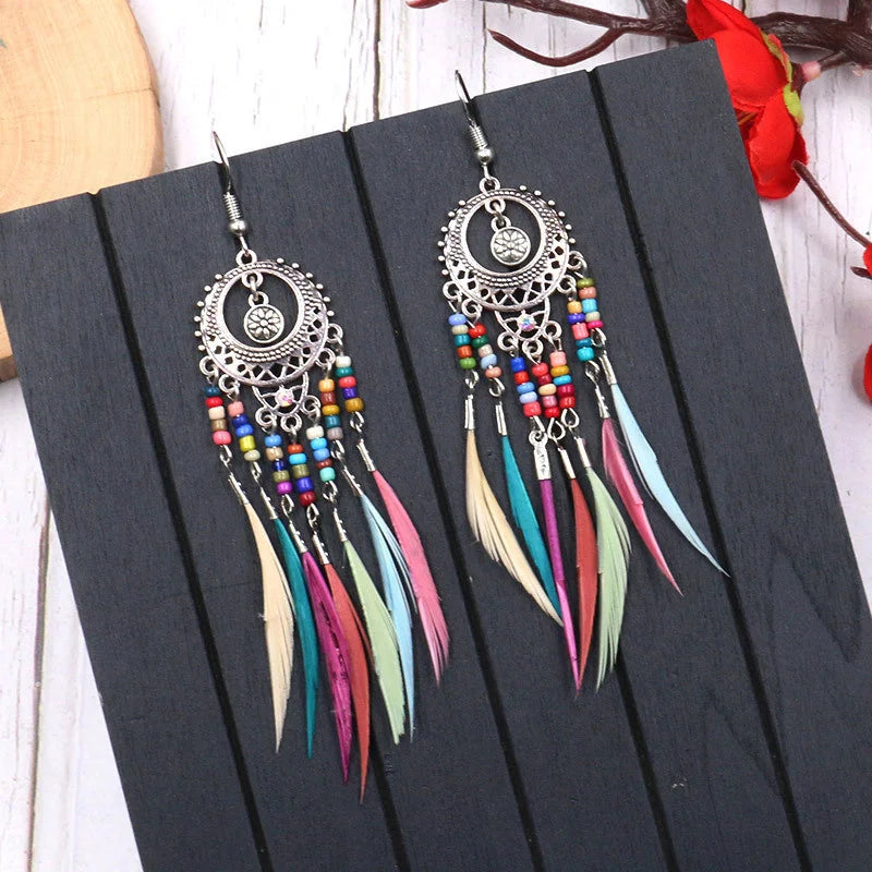 Vintage Boho Leaf Feather Tassel Earrings