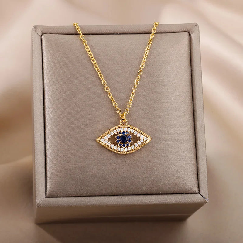 Zircon Evil Eye Pendant Necklace - Stainless Steel Protective Charm