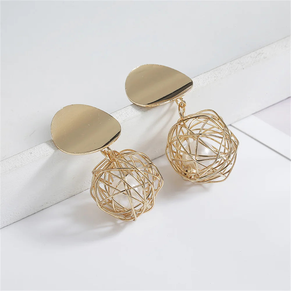 Gold Tone Geometric Ball Drop Earrings