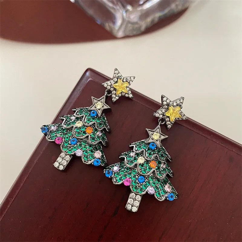 Rotating Christmas Tree Star Earrings
