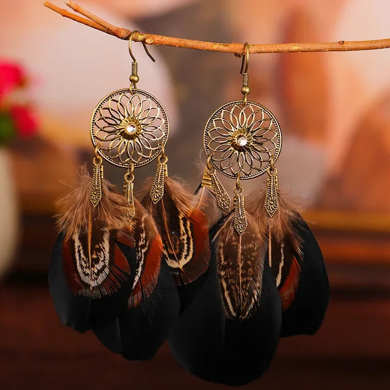 Vintage Boho Leaf Feather Tassel Earrings