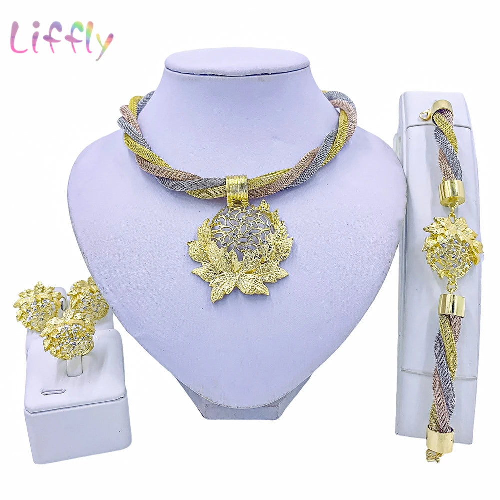 Dubai Gold Floral Jewelry Set - Necklace, Earrings, Bracelet & Ring
